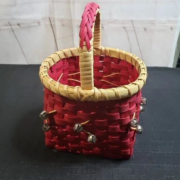 Cute Small Red Wicker Christmas Basket with Bells 5" x 8" tall Holiday Decor - Picture 3 of 11
